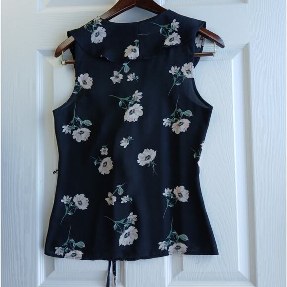 Lulus Build Me Up Buttercup Black Floral Print Wrap Top Sm sheer ruffled collar - Picture 2 of 14